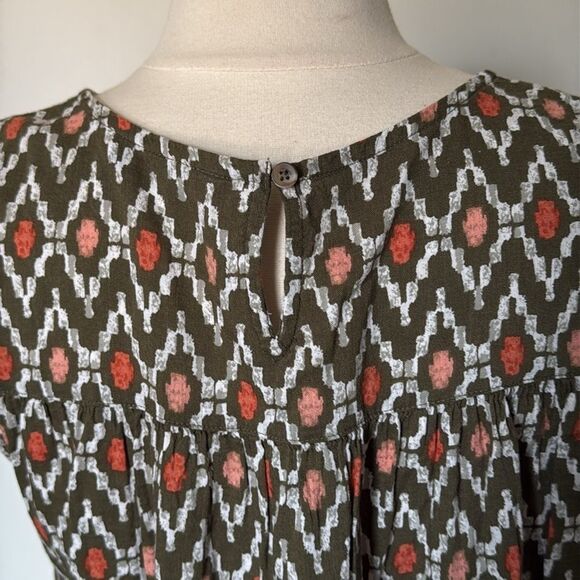 Sonoma Sleeveless Boho Blouse  Olive‎ Green White Coral Geometric Print Sz Large - Picture 3 of 6